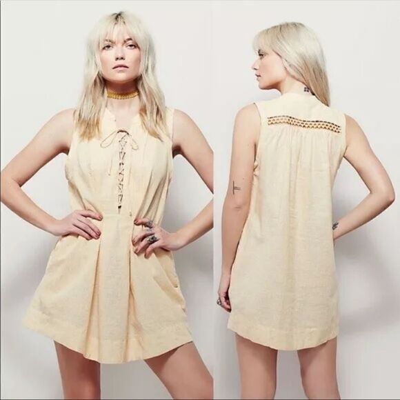 Free People yellow and white lace up front sundress - Picture 1 of 6